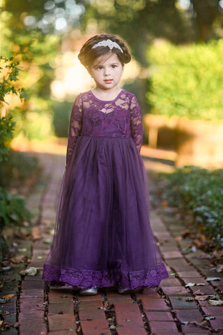 Isabelle Dark Purple Long Sleeve Open Back Bow Tulle Skirt Lace Gown Dress