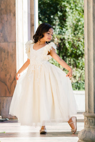 Ariana Ivory Petal Sleeve Satin & Lace Dress Gown