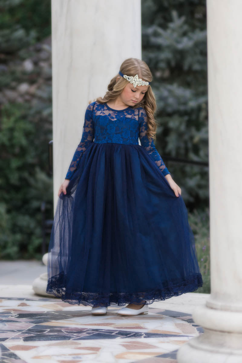 Isabelle Navy Blue Long Sleeve Open Back Bow Tulle Skirt Lace Gown Dress - Just Couture
