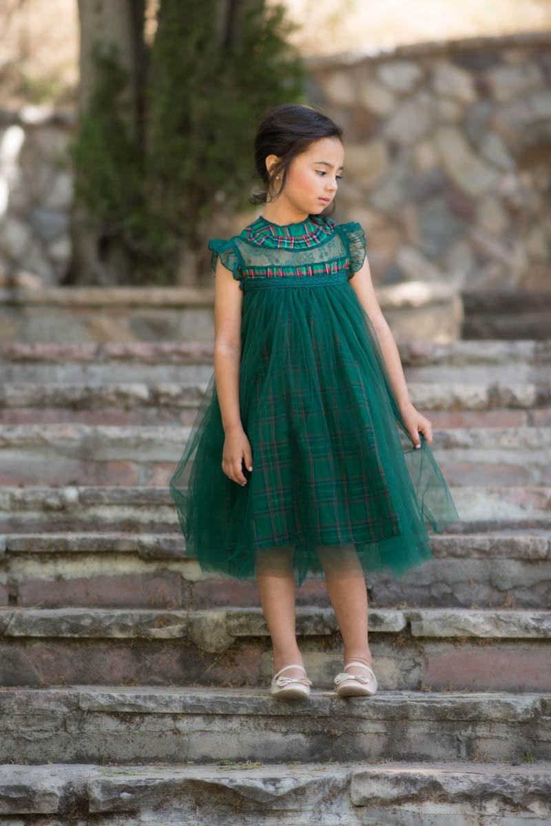 Magnolia Green Holiday Plaid Ruffle & Tulle Smock Dress - Just Couture