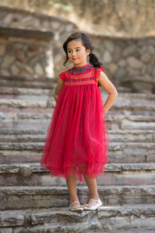 Magnolia Red Holiday Plaid Ruffle & Tulle Smock Dress