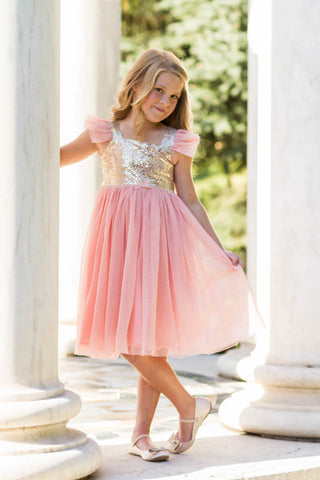 Skylar Sparkle Dress Angel Sleeve Vintage Pink & Gold Sequin