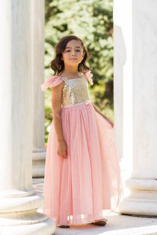 Skylar Sparkle Gown Dress Angel Sleeve Vintage Pink & Gold Sequin